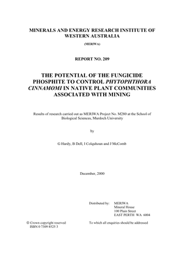 The Potential of the Fungicide Phosphite to Control Phytophthora Cinnamomi in Native Plant Communities Associated with Mining