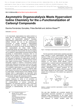 Asymmetric Organocatalysis Meets Hypervalent Iodine Chemistry for the -Functionalization of Carbonyl Compounds