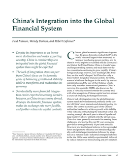 China's Integration Into the Global Financial System