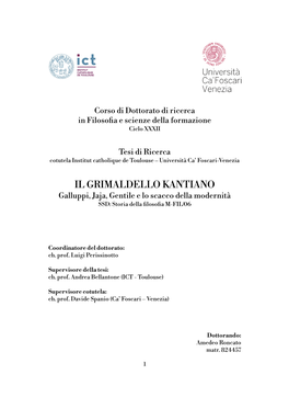 IL GRIMALDELLO KANTIANO Galluppi, Jaja, Gentile E Lo Scacco Della Modernità SSD: Storia Della Filosofia M-FIL/06