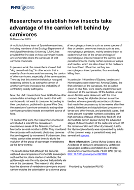 Researchers Establish How Insects Take Advantage of the Carrion Left Behind by Carnivores 16 December 2019