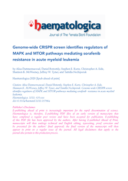 Genome-Wide CRISPR Screen Identifies Regulators of MAPK and MTOR Pathways Mediating Sorafenib Resistance in Acute Myeloid Leukemia