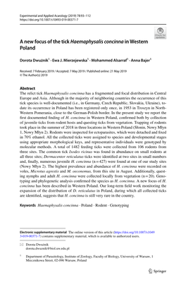 A New Focus of the Tick Haemaphysalis Concinna in Western Poland