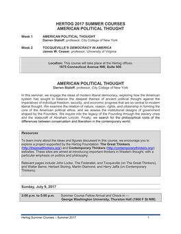 Hertog 2017 Summer Courses American Political Thought