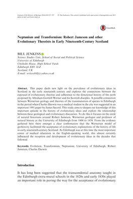 Neptunism and Transformism: Robert Jameson and Other Evolutionary Theorists in Early Nineteenth-Century Scotland