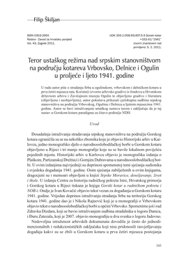 Teror Ustaškog Režima Nad Srpskim Stanovništvom Na Području Kotareva Vrbovsko, Delnice I Ogulin U Proljeće I Ljeto 1941