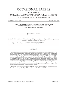 Occasional Papers Sam Noble Oklahoma Museum of Natural History University of Oklahoma, Norman, Oklahoma