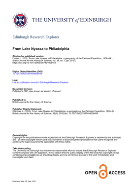 From Lake Nyassa to Philadelphia: a Geography of the Zambesi Expedition, 1858–64 ', British Journal for the History of Science, Vol