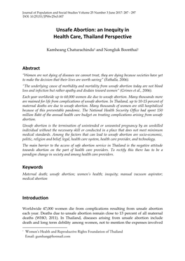 Unsafe Abortion: an Inequity in Health Care, Thailand Perspective