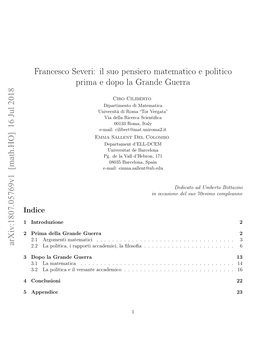 Francesco Severi: Il Suo Pensiero Matematico E Politico Prima E Dopo La Grande Guerra