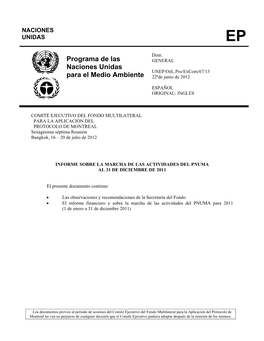 Informe Sobre La Marcha De Las Actividades Del Pnuma Al 31 De Diciembre De 2011