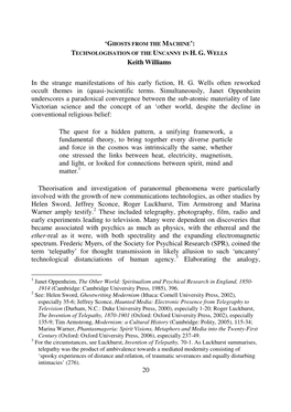 20 Keith Williams in the Strange Manifestations of His Early Fiction, H. G. Wells Often Reworked Occult Themes in (Quasi-)Scient