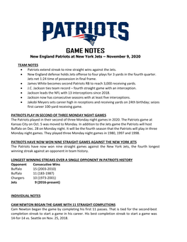 Patriots at Philadelphia Game Notes