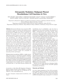 Osteopontin Modulates Malignant Pleural Mesothelioma Cell Functions in Vitro