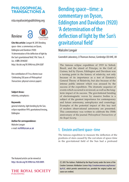 A Commentary on Dyson, Eddington and Davidson (1920) Malcolm Longair ‘A Determination of the Deflection of Light by the Sun’S Gravitational Field’