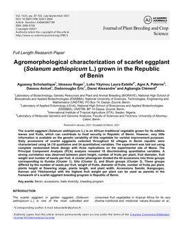 Agromorphological Characterization of Scarlet Eggplant (Solanum Aethiopicum L.) Grown in the Republic of Benin