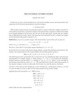 THE FACTORIAL NUMBER SYSTEM in This Note We Give a Brief