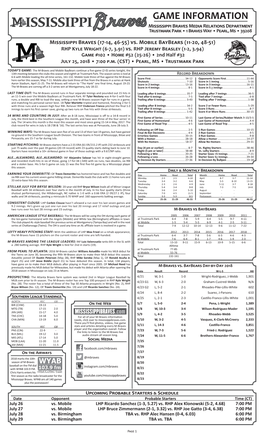 GAME INFORMATION Mississippi Braves Media Relations Department Trustmark Park • 1 Braves Way • Pearl, Ms • 39208