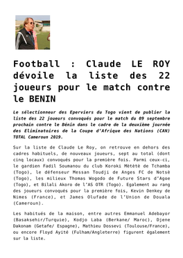 Claude LE ROY Dévoile La Liste Des 22 Joueurs Pour Le Match Contre Le BENIN