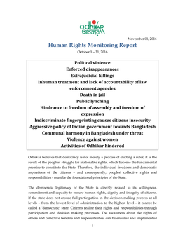 Human Rights Monitoring Report October 1 – 31, 2016