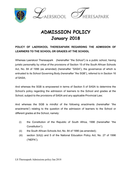 ADMISSION POLICY January 2018