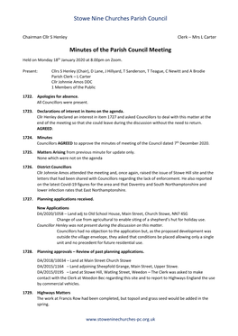 Stowe Nine Churches Parish Council Minutes of the Parish Council Meeting