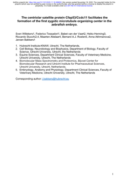 The Centriolar Satellite Protein Cfap53/Ccdc11 Facilitates the Formation of the First Zygotic Microtubule Organizing Center in the Zebrafish Embryo