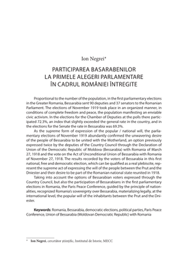 Participarea Basarabenilor La Primele Alegeri Parlamentare În Cadrul României Întregite