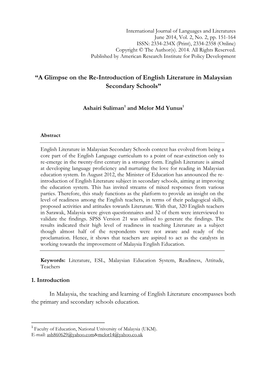 “A Glimpse on the Re-Introduction of English Literature in Malaysian Secondary Schools”
