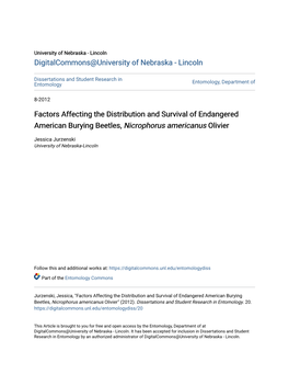 Factors Affecting the Distribution and Survival of Endangered American Burying Beetles, Nicrophorus Americanus Olivier