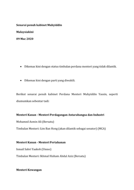 Senarai Penuh Kabinet Muhyiddin Malaysiakini 09 Mac 2020