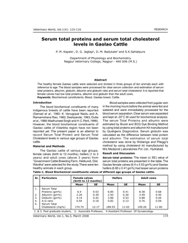 Serum Total Proteins and Serum Total Cholesterol Levels in Gaolao Cattle