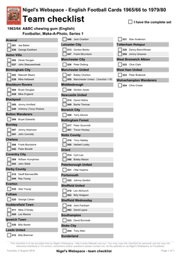 Team Checklist I Have the Complete Set 1963/64 A&BC Chewing Gum (English) Footballer, Make-A-Photo, Series 1