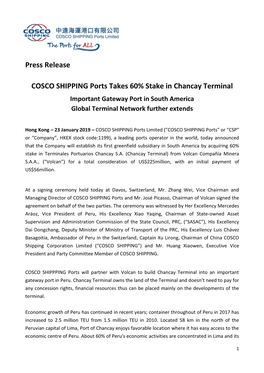 Press Release COSCO SHIPPING Ports Takes 60% Stake in Chancay