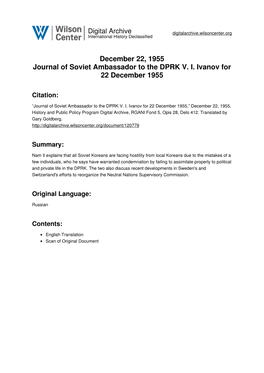 December 22, 1955 Journal of Soviet Ambassador to the DPRK V. I. Ivanov for 22 December 1955