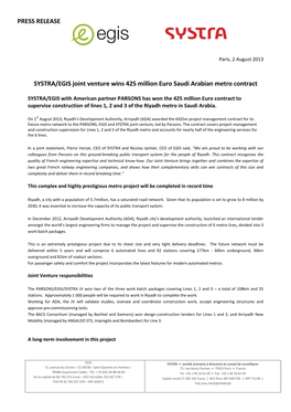 PRESS RELEASE SYSTRA/EGIS Joint Venture Wins 425 Million Euro Saudi Arabian Metro Contract