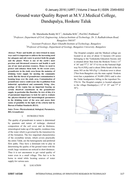 Ground Water Quality Report at M.V.J.Medical College, Dandupalya, Hoskote Taluk