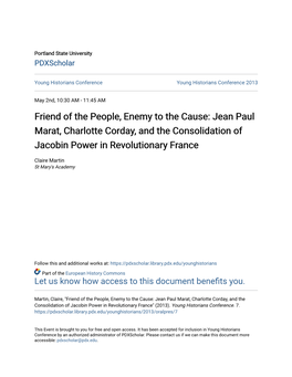 Jean Paul Marat, Charlotte Corday, and the Consolidation of Jacobin Power in Revolutionary France