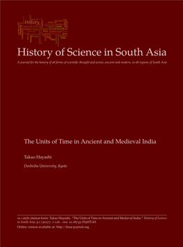 History of Science in South Asia a Journal for the History of All Forms of Scientific Thought and Action, Ancient and Modern, in All Regions of South Asia