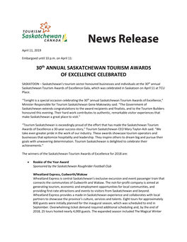 30Th ANNUAL SASKATCHEWAN TOURISM AWARDS of EXCELLENCE CELEBRATED