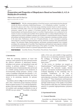 Preparation and Properties of Biopolymers Based on Isosorbide (1, 4:3, 6- Dianhydro- D-Sorbitol) Makoto Kato and Chi-Han Lee Report Received on Oct