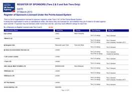 07-March-2013 Register of Sponsors Licensed Under the Points-Based System