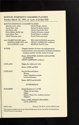 BOSTON SYMPHONY CHAMBER PLAYERS Sunday, March 10, 1991, at 3 P.M