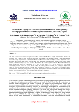 Potable Water Supply and Sanitation Practices in Selected Public Primary School Pupils in Owerri North Local Government Area, Imo State, Nigeria