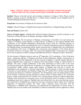 INDIA: URGENT APPEAL to STOP FORCEFUL EVICTION and INVOLUNTARY RELOCATION of VILLAGERS AFFECED by MAPITHEL DAM in MANIPUR Inci