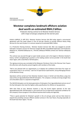 Weststar Completes Historic Offshore Aviation Deal