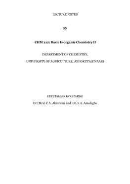 CHM 212: Basic Inorganic Chemistry II