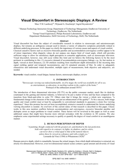 Visual Discomfort in Stereoscopic Displays: a Review A,B a B Marc T.M