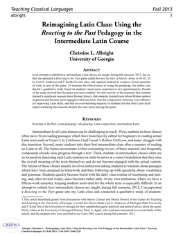 Reimagining Latin Class: Using the Reacting to the Past Pedagogy in the Intermediate Latin Course