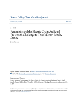 Femininity and the Electric Chair: an Equal Protection Challenge to Texas's Death Penalty Statute Jessica Salvucci